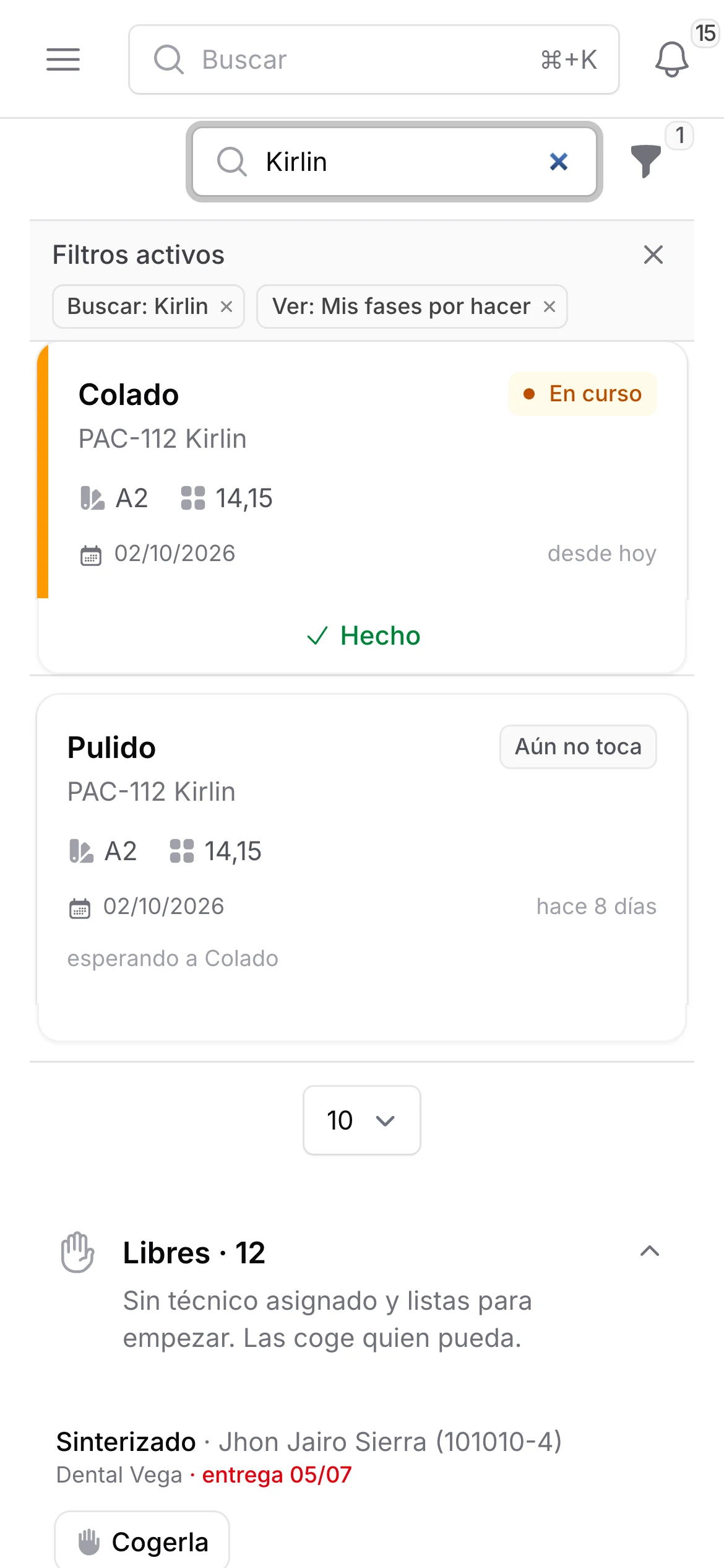 Mis fases en el móvil del técnico: la fase Colado del caso PAC-112 Kirlin, en curso, con el botón Hecho