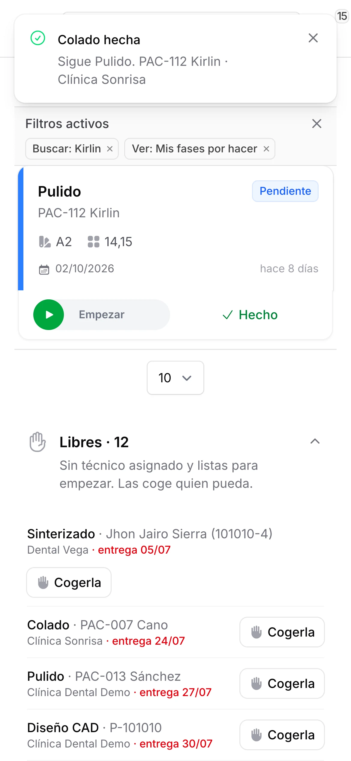 Mis fases después de marcar Colado como hecha: aviso «Colado hecha, sigue Pulido» y la fase siguiente lista