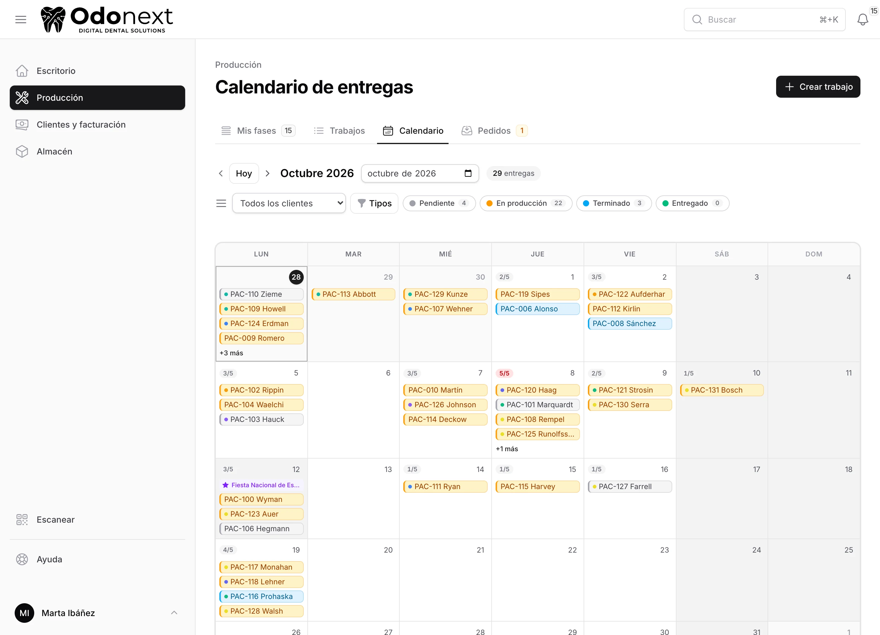 Producción · Calendario de entregas